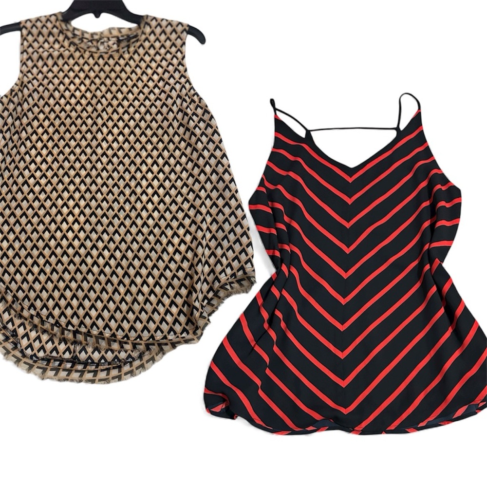 Lot of 2-WhoWhatWear/LOFT Tan and Black Patterned, & Black/Red Striped Top